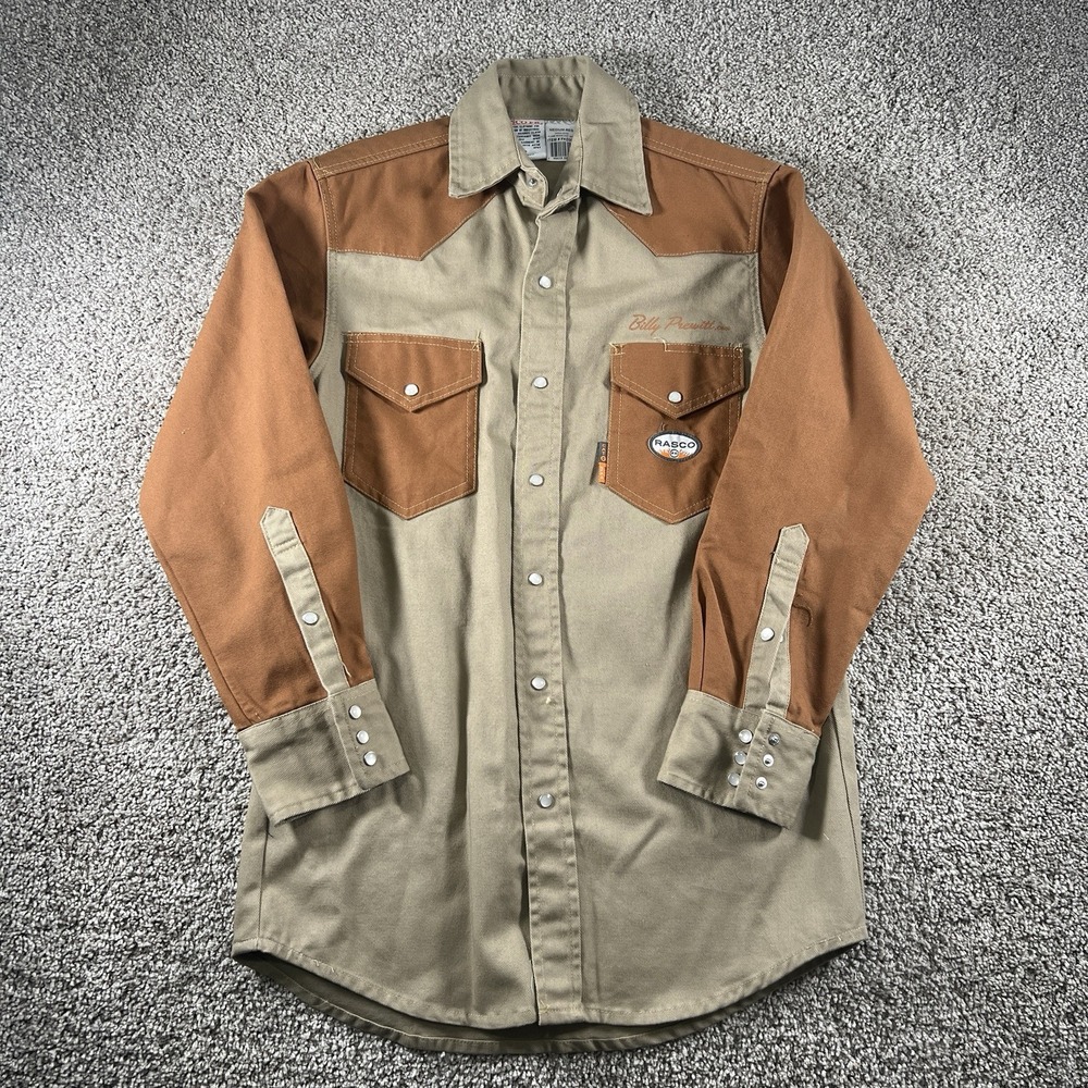 Rasco FR x Billy‎ Prewitt Shirt Mens Medium Khaki Duck Pearl Snap Bluesmaster